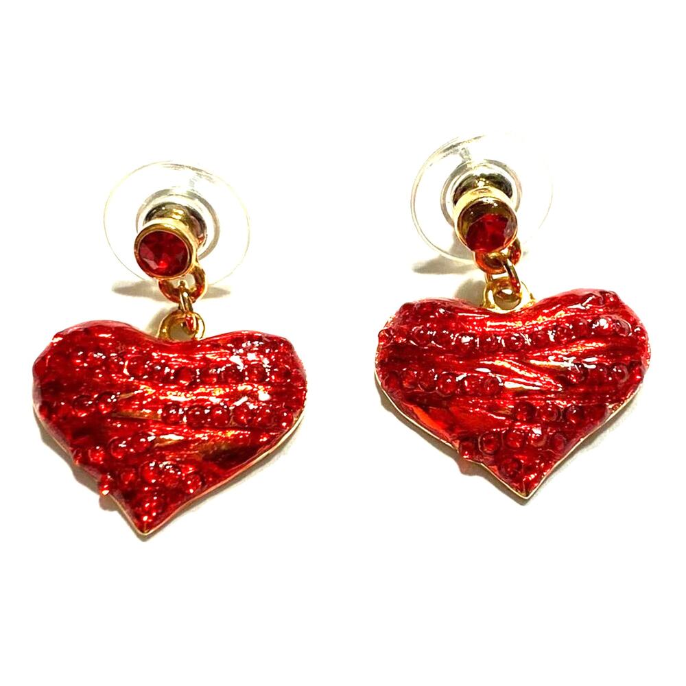 Red enamel pierced earrings heart shaped dangles romantic jewelry gift for woman
